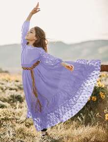 2026 Girls Elegant Lace Flower Boho Dress Long Sleeve Backless Square Neck Ruffle Party Maxi Dress - 11 紫色 - 查看 3