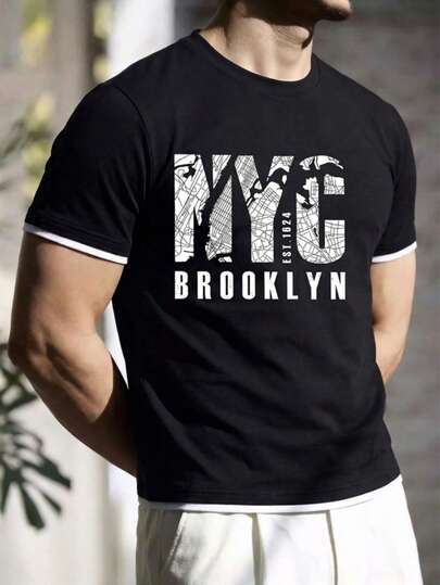 Camiseta de manga corta holgada de cuello redondo con estampado de mapa de hitos de la calle principal de verano para hombre