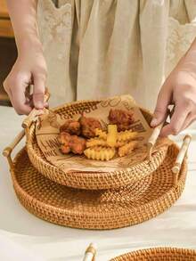 Round Rattan Tray With Handle - Woven Rattan Decorative Storage Tray With Sturdy Base, Cute Rustic Design, Easy To Clean - Rattan Tray Suitable For Decor, Breakfast, Coffee Table, Fruit, Vegetables, Bread, Dining And Kitchen Use, Home Decor, Outdoor Picnic, Great For Weddings And Birthdays, Ladies Gifts - Multifärgad - Visa 3