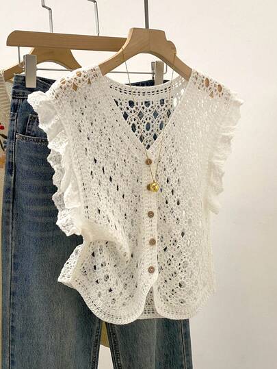 Women's Solid Color V-Neck Single-Breasted Knit Top, Hollow Out Casual Versatile Vacation Lace Trim Sleeveless Tank Top White