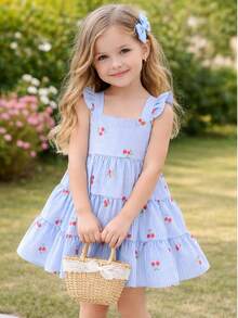 Children's Dress With Floral Print, Stripes And Hearts. Three Marias Dress With Tie And Elastic Back For Adjustable Adjustment. Cool And Lightweight Fabric. Spring/Summer. - Baby Blue - View 4