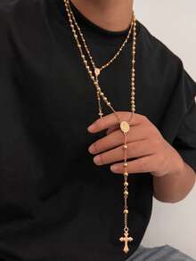 2pcs Fashionable Casual Minimalist Cross Pendant Necklace Set, Personalized Hiphop Beaded Chain Y-Necklace, Suitable For Daily Wear, Party, Holiday Gift - Y-shaped Long Necklace - View 1