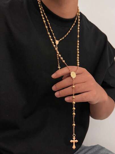 2pcs Fashionable Casual Minimalist Cross Pendant Necklace Set, Personalized Hiphop Beaded Chain Y-Necklace, Suitable For Daily Wear, Party, Holiday Gift