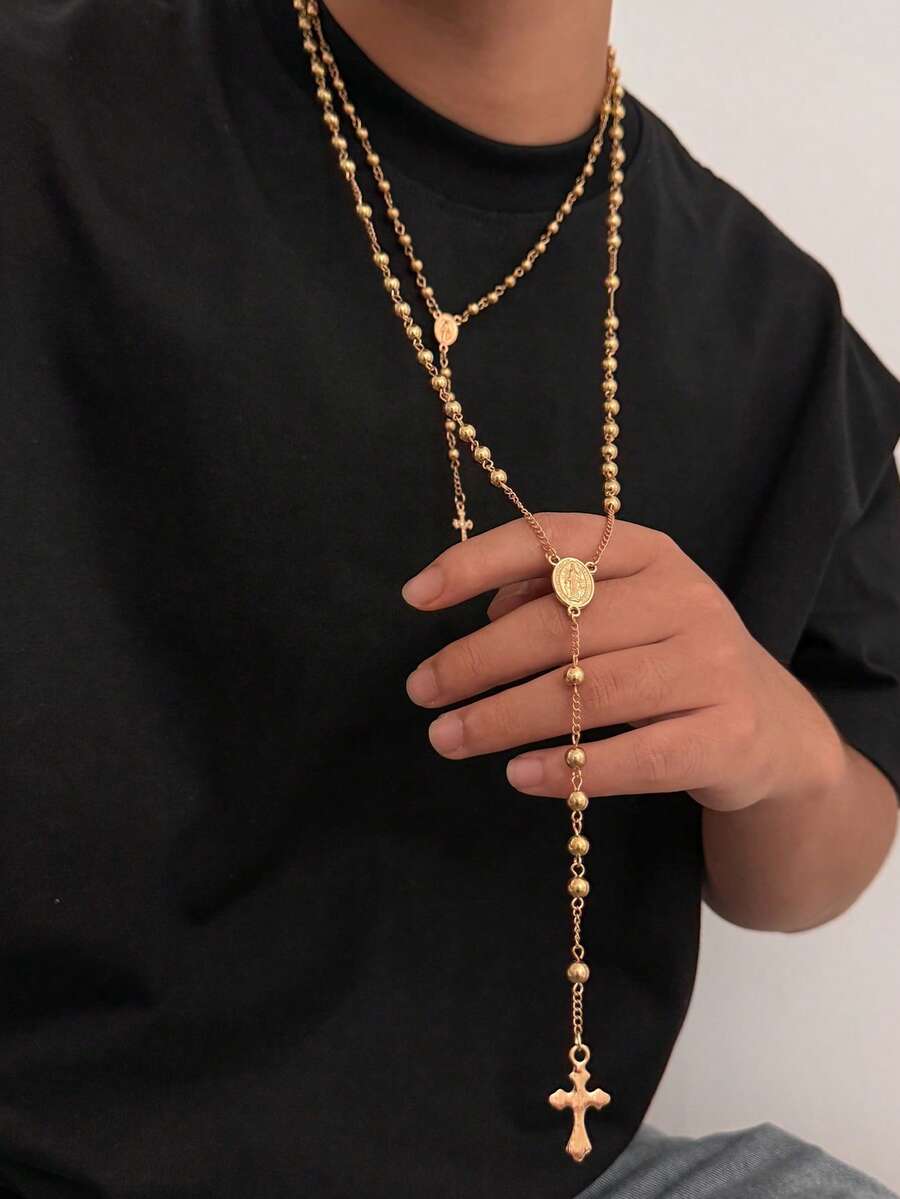 2pcs Fashionable Casual Minimalist Cross Pendant Necklace Set, Personalized Hiphop Beaded Chain Y-Necklace, Suitable For Daily Wear, Party, Holiday Gift - Y-shaped Long Necklace - View 1