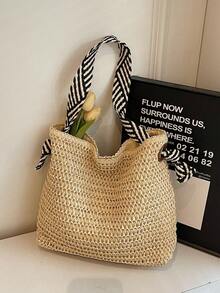 度假季编织单肩包，条纹肩带设计度假包，法式休闲真皮单肩手提包 - 米色 - 查看 1