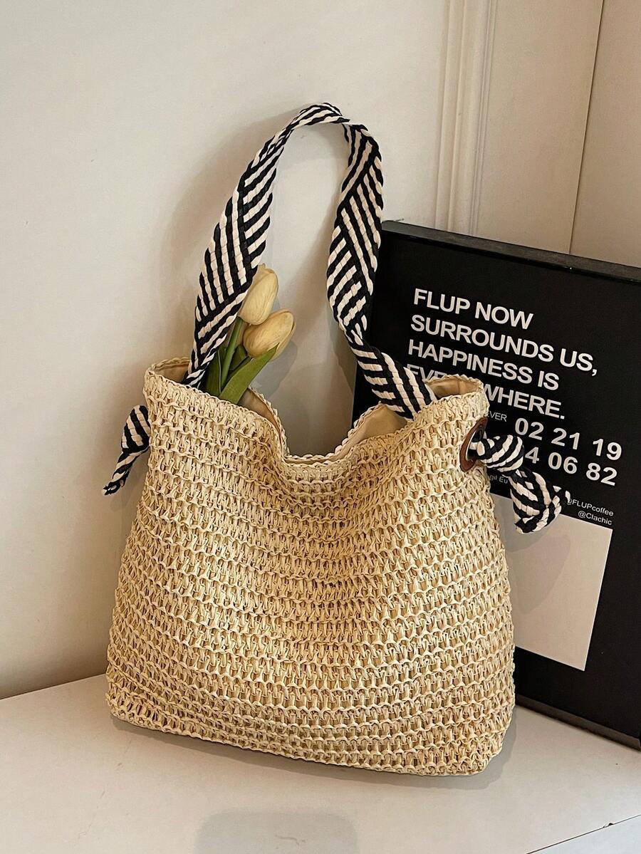 度假季编织单肩包，条纹肩带设计度假包，法式休闲真皮单肩手提包 - 米色 - 查看 1