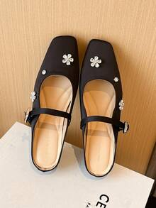 Xin Jing Shoes Women's Flat Shoes, Fashion Versatile Rhinestone Flower One-Strap Flat Heel Commuting Loafers - Black - View 12