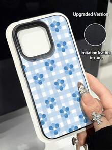 1pc Fashionable Personalized Light Blue Plaid Flower Pattern Litchi Texture Anti-Fall Anti-Slip Soft Phone Case Compatible With Apple, Phones - Multicolor - View 1