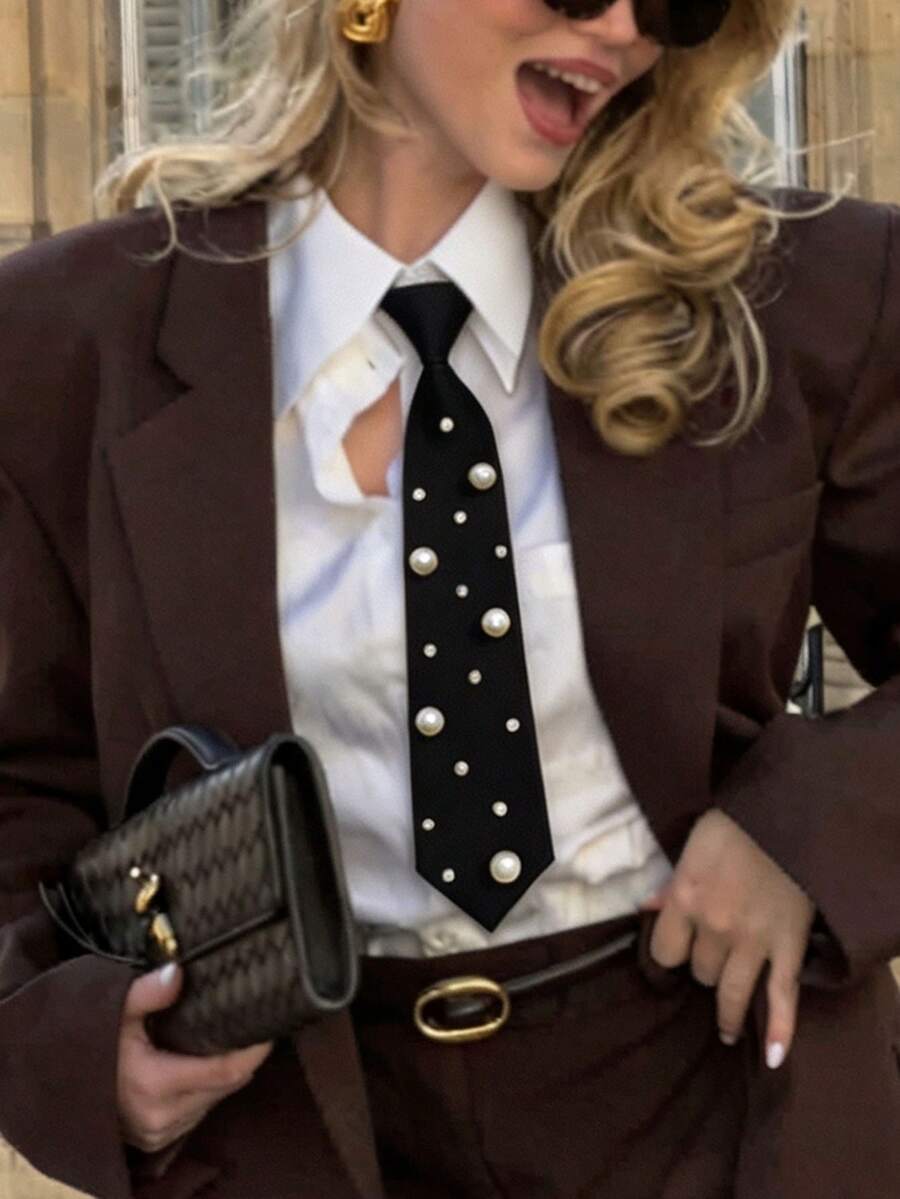 1pc Women's Classic Striped JK Uniform Student Tie, British Plaid, Cosplay Party Accessory - Black Pearl - View 1