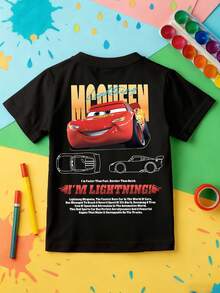 Disney-Disney Pixar Cars Lightning McQueen Co-Branded Kids' Short Sleeve T-Shirt With Front And Back Double-Sided Print Design, Loose Drop Shoulder Fit, Breathable Pure Cotton Boys' Summer Top - 黑色 - 查看 3