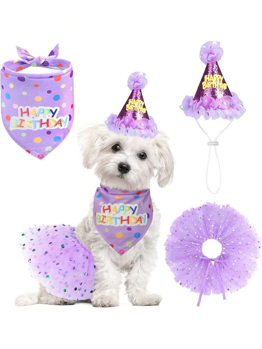 3pcs Dog Birthday Headband Set, Includes Hat And Dress, Suitable For Dog Birthday Party, Cute Tutu Dress Set For Small, Medium And Large Dogs - Purple - View 1