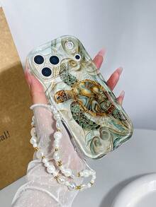 Fashionable Retro Oil Painting Sea Turtle Pattern Marine Animal Element Thick Anti-Drop Phone Protective Case, Paired With Asymmetrical White Faux Pearl Lanyard, Suitable Compatible With Iphone11 12 13 14 11Promax 12Promax 13Promax 14Promax XR 15 15PRO 15PROMAX, GalaxyA05/A15/A25/A35/A53/A54/A55/S23/S24/S25 - Multicolor - View 3