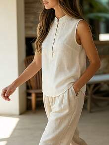 Women's Casual Shirt, Elegant Vacation Style Sleeveless Mandarin Collar Shirt, Single-Breasted Pullover, Loose Summer Commute Casual Artistic Vacation Style Top, Slimming Concealing Flesh Daily Elegant Versatile Breathable Summer Wear - Off White - View 4