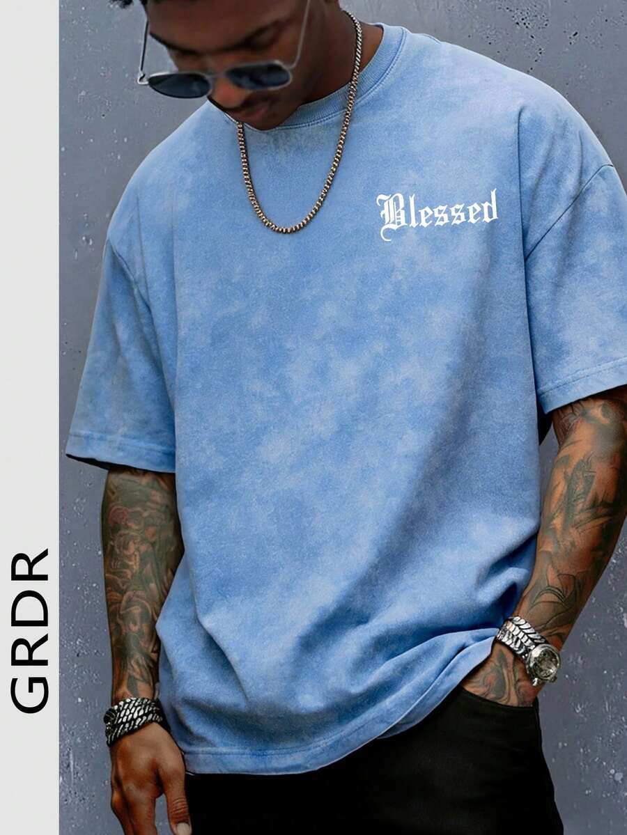 GRDR 男士复古美式简约字母水洗圆领短袖T恤，舒适透气，夏季必备 - 淺藍色 - 查看 1