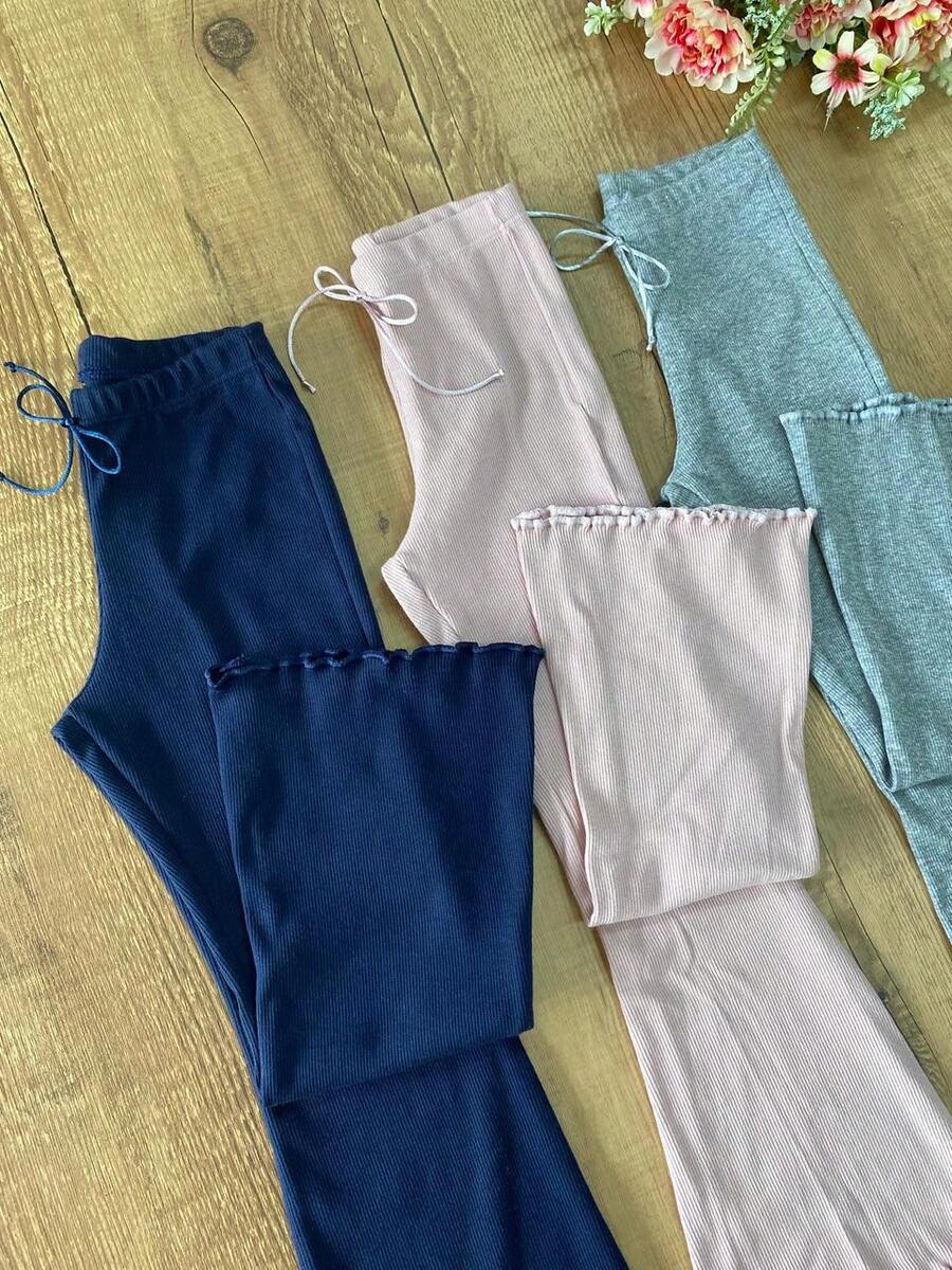 Kit 3 Calças Infantil Wide Leg Ribana Canelada Confortável – Cinza, Rosé e Marinho