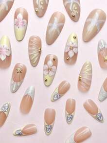 24Pcs/Set Almond-Shaped French Elegant 3D Ocean Style Starfish Waterdrop Flower Decor Full Coverage Press-On Nails With 1Pc Jelly Gel And 1Pc Nail File, Perfect For Romantic Daily Date Looks Nail Supplies Nails - 多色 2 - 查看 4