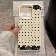 1pc White Lychee Texture Matte Minimalist Lens Protection Phone Case With Full Screen Polka Dot & Lace Pattern Mosaic Design, Compatible With IPhone 16 Pro Max, 17/16/15/14 Plus, 13/12/11, Air, Series, International Version,  Not The Domestic Version - Multicolor - View 2