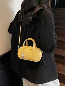 女士时尚别致金属扣设计单肩包，简约百搭都市通勤风格，配有可调节肩带 - 黃色 - 查看 6