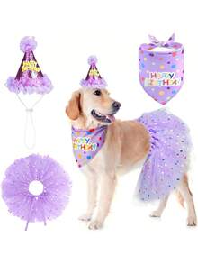 3pcs Dog Birthday Headband Set, Includes Hat And Dress, Suitable For Dog Birthday Party, Cute Tutu Dress Set For Small, Medium And Large Dogs - Purple - View 4