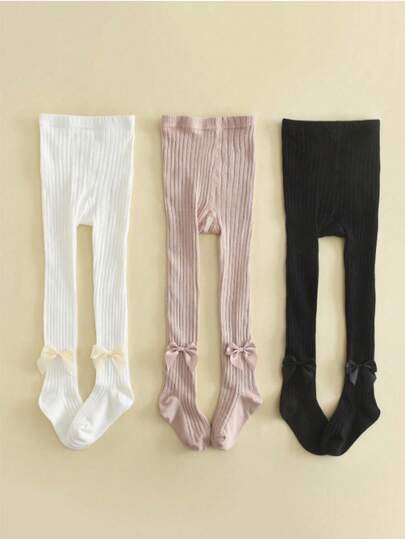 3 Pairs Girls Tights With Bow Decor, Suitable For Indoor & Outdoor Wear, Spring & Autumn