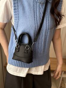 Bolso de mano mini de moda, bolso de concha pequeño de unicolor y textura de litchi versátil y elegante para mujer con correa de hombro ajustable - Negro - Ver 3