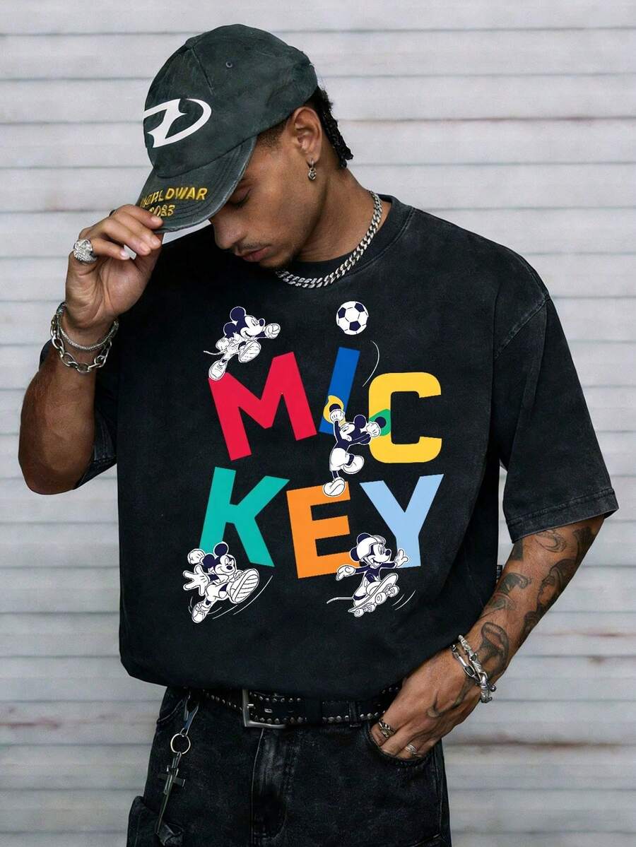 Disney-Sports Style Mickey Colored Letter Printed T-Shirt, Deep Gray Washed And Aged Pure Cotton Short Sleeved Men's Loose Shoulder  230g Casual Washed Distressed T-Shirt - 黑色 - 查看 1