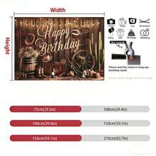 2D西部牛仔主题背景 - 复古木墙搭配串灯设计，带有“生日快乐”标牌，适用于生日派对、婚礼、乡村家居装饰、室内/户外活动、多功能节日庆典装饰、拍照道具，是活动策划者的必备之选。 - 彩色 - 查看 4