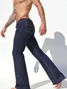 YANGCANREN Men's Fashion Versatile Daily Commute Seam Front Flare Jeans - Blue - View 3