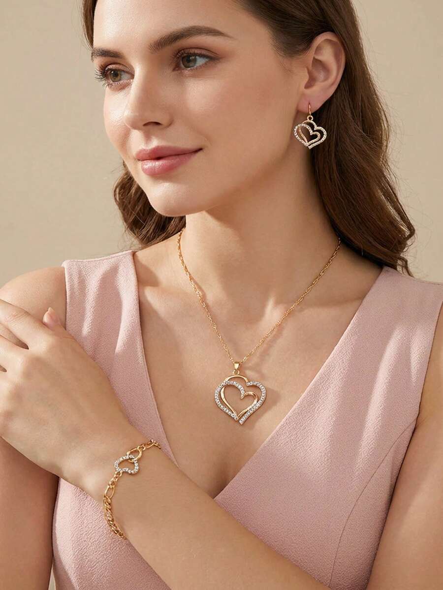 Bộ 4 món gồm bông tai hình trái tim đôi, dây chuyền và vòng tay, trang sức cưới dành cho nữ. - Vàng - Xem 1