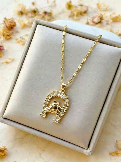 1 pieza Collar de mujer con colgante de herradura en forma de U, cadena de acero inoxidable, colgante de cristal de circonita cúbica blanca, cadena de clavícula, adecuado para ir al trabajo (sin caja de regalo)