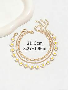 Set de 3 piezas Tobilleras de cadena dorada minimalista con margaritas, adecuadas para uso diario y vacaciones - 775 Juego de tobilleras de tres piezas - Ver 5