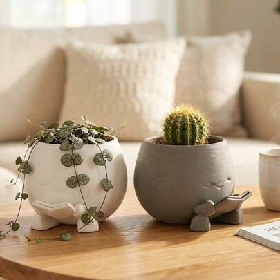 Mini Cute Reading Figure Planter Pot, White/Gray Small Succulent/Cactus Flower Pot, Tiny Desktop Plant Holder For Home Office Decor, 2.29" W X 1.69" H