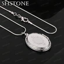 40-75厘米 925纯银镀层椭圆形心形圆形照片镂空相框吊坠项链 蛇骨链 男女结婚首饰 - 銀色 - 查看 1