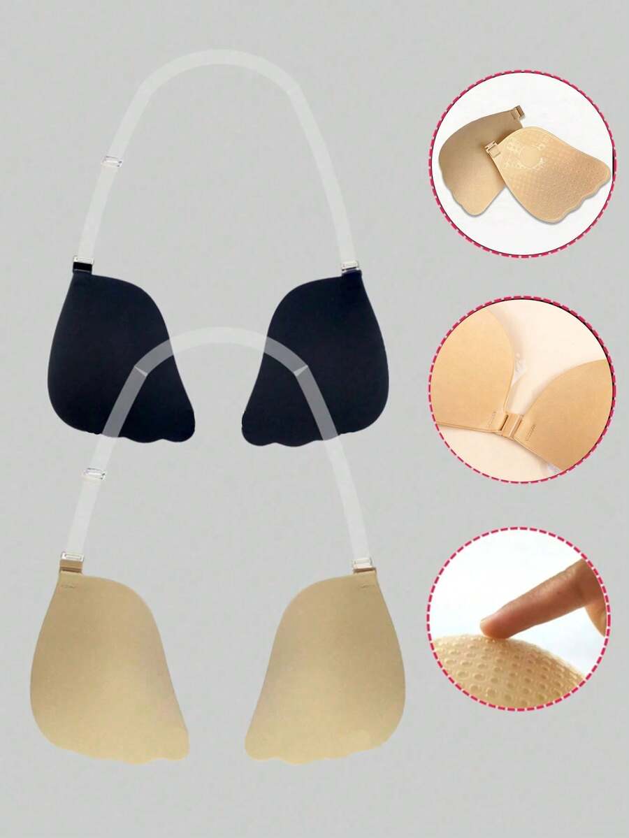 Sujetador adhesivo invisible talla C D E F Plus, sujetador autoadhesivo con efecto de elevación, cubiertas de silicona para pezones con cierre frontal, con correa para el cuello y ganchos de extensión, reutilizable, adecuado para vestidos de noche sin tirantes - Multicolor - Ver 1