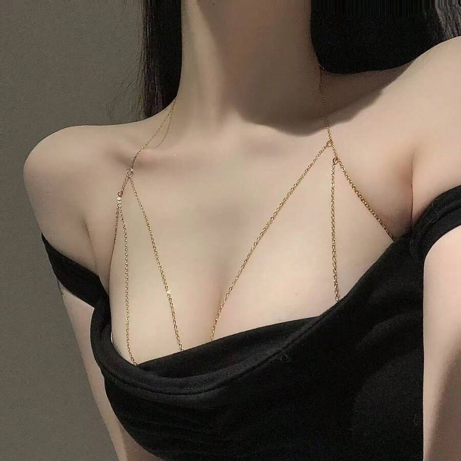 1 pieza Cadena de pecho con borlas y rejilla plateada, cadena de Body para bikini, vacaciones en la playa, moda sexy. Cadena de pecho con flecos para pareja en vacaciones - Dorado - Ver 1