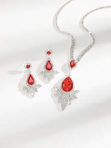 优雅荷叶边水滴吊坠Y型项链和耳环套装，新娘首饰，适合婚礼、晚宴和晚礼服 - 紅色 - 查看 3