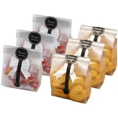 Bolsas de pan semi-transparentes de moda, adecuadas para galletas, pasteles, chocolates, caramelos, envasado de aperitivos, adecuadas para fiestas de hornear, vienen con pegatinas negras y cintas decorativas blancas, galletas caseras, caramelos, pasteles, chocolates, aperitivos, donas, etc. También adecuado para el envasado de pequeños regalos y accesorios. La mejor opción para el envasado de regalos y productos horneados.