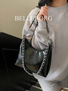 时尚链条肩带大容量通勤单肩包，适合油性皮肤女性 - 黑色 - 查看 5