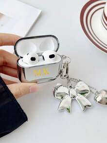 Customized (2 Pieces Set, Including Bow Heart Pendant Chain) Electroplated Glossy Silver Earphone Case Compatible With AirPods 1/2 3 New 4 Pro 3, Customized Letter Name, Cute Big Bow Heart Pendant Chain Earphone Case - Silver - View 6