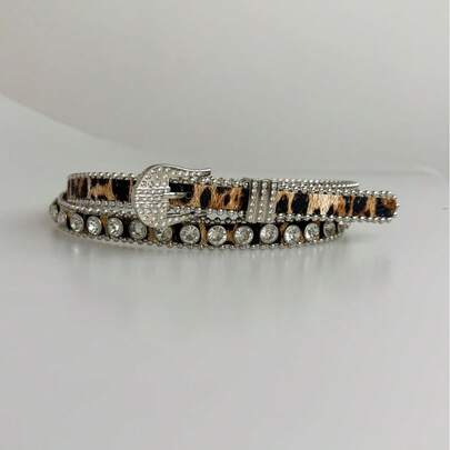 Leopard Print Rhinestone Skinny Belt, Shiny Bling Fully Studded Narrow Waist Belt, Decorative Skirt/Pants Belt With Buckle, Leopard Print Party PU (Polyurethane)