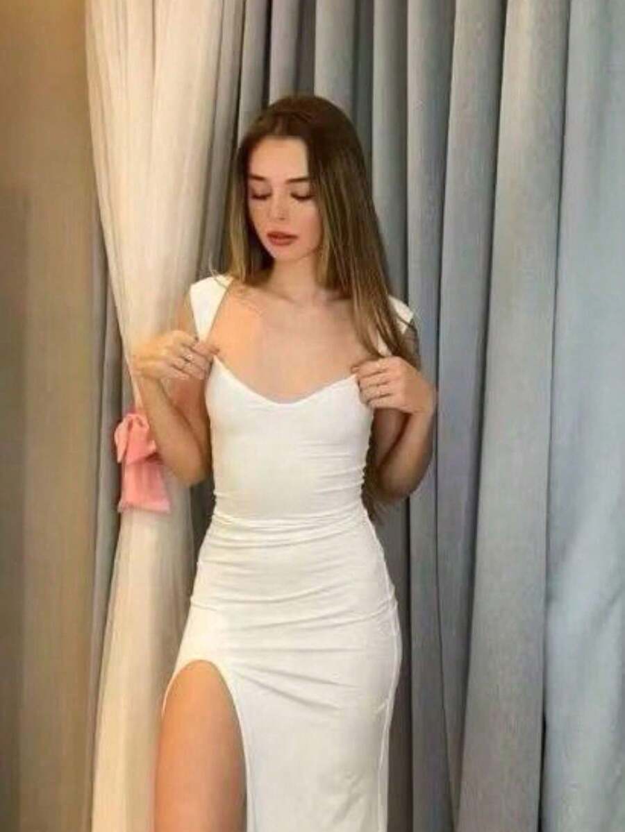 Elegant Women's Long RILARY Dress With Side Slit And Off-The-Shoulder Neckline – Fitted Style For Parties/Evenings - OFF WHITE - 查看 1