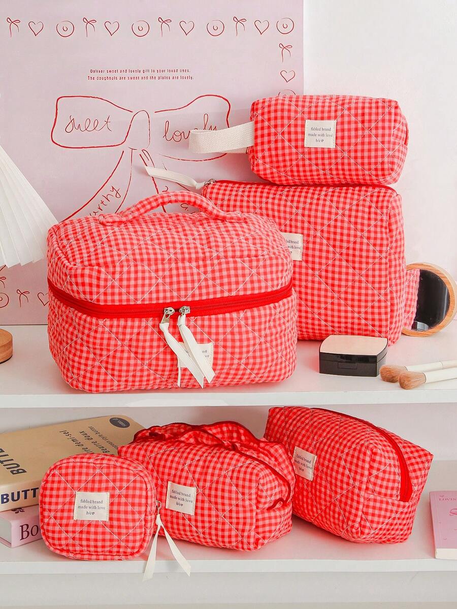 1Pc/Set Red Plaid Gilrs Make Up Bag Travel Toiletry Bag, Large Capacity Cosmetic Bag Pouch Handheld Makeup Bag Portable Toiletry Washing Bag Skincare Bag With Zipper Closure For Cosmetics,Brushes,Skincare,Lip Oil,Hand Cream,Sationery,Coin,Small Items,Make Up Case Makeup Pouch Cosmetic Organizer,Home Decor Livingroom Decor,Travel Essentials,Birthday Gift Wedding Bridesmaid Gift - Redberry Grid - View 1
