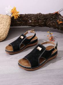 2026夏季新款时尚露趾沙滩凉鞋，厚底坡跟休闲凉鞋，女士款 - 黑色 - 查看 7