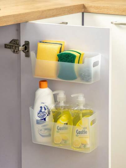 1/2pcs Multi-Function No Drill Adhesive Wall Mounted Storage Box, Transparent Plastic Hanging Organizer Basket, Suitable For Kitchen, Bathroom, Home, Student And Office, Space Saving