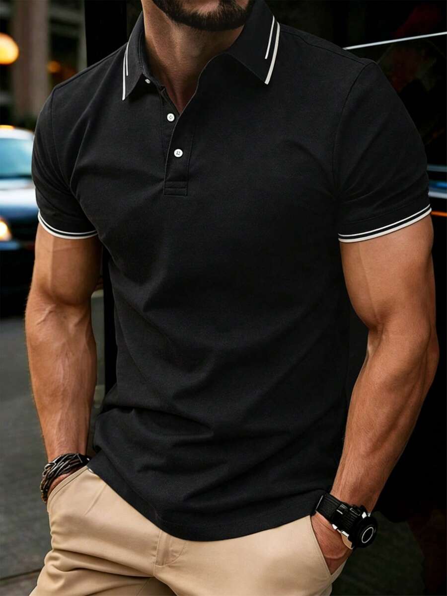 Men's Summer Polo Shirt, Business Casual Collared Short Sleeve T-Shirt, Suitable For Office, Gatherings, Parties Black Sports - Black - View 1