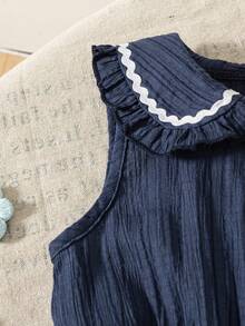 Girls' Casual Solid Color Sleeveless Button Decor Flared Hem Knee-Length Dress, Spring/Summer - Navy Blue - View 5