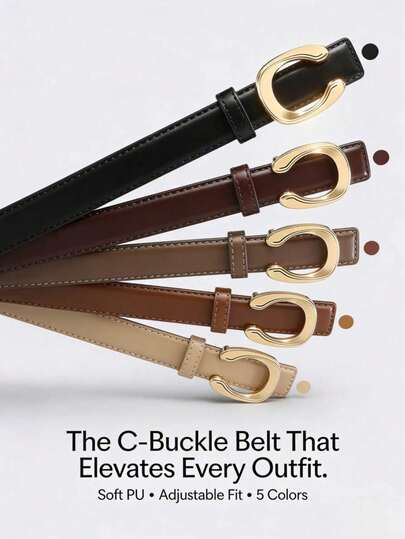 2025 Women's Gold-Tone C Buckle Belt, Retro Letter Decoration Alloy Buckle, Soft PU Leather Slim High Waist Adjustable Belt, Minimalist Quiet Luxury Versatile Belt For Jeans Dresses Work Casual Commuter Streetwear School Halloween Summer Fall