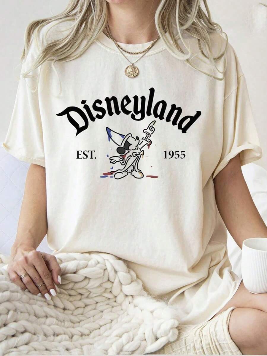 Including Disney Fashion Prints, Summer T-Shirts, Classic Disneyland Prints, Suitable For Daily Wear, Easy To Wear In Summer, Micro-Elastic, Soft Round Neck Casual Daily Tops, Including Disney Fashion Prints, Round Neck Summer Sweatshirts, For Both Men And Women, Holiday Gifts. - 白色 - 查看 1