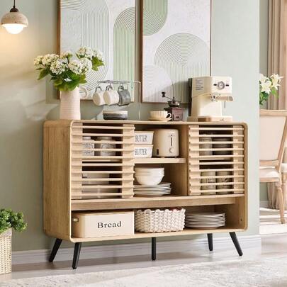 Entryway Table, Furniture, 46 Console Sofa Table With Sliding Slatted Door, Modern Wood Coffee Bar Adjustable Open Storage Shelf, Buffet Sideboard Kitchen, Living Room, Entryway, Hallway, Foyer, Natural Oak