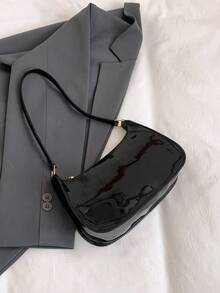 1 pieza Bolso de hombro en forma de media luna minimalista de unicolor de PU, diseño de cremallera conveniente, adecuado para salidas diarias - Negro - Ver 7